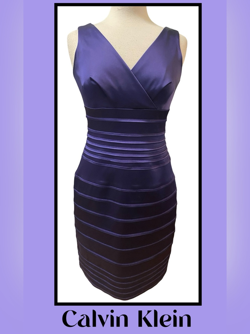 CALVIN KLEIN plum Purple Stretch Duchess Satin BodyCon Sleeveless Dress 6 NEW